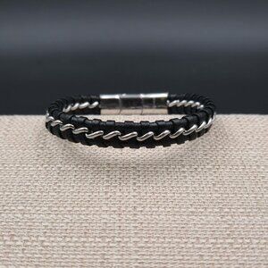8+1 Inch Stainless Steel & Leather Braided Woven Bracelet B1098